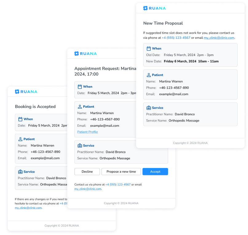 Automated appointment reminder emails sent to patients from Ruana practice management software