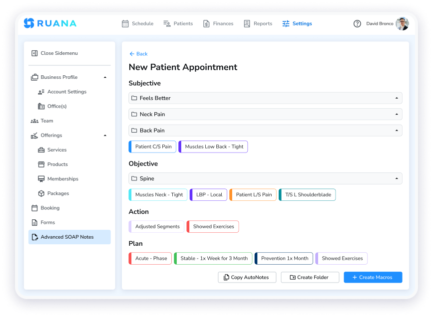 Ruana practice management software SOAP Notes and Advanced SOAP Notes screen
