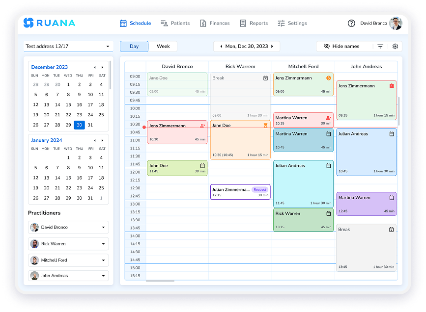 Ruana practice management software daily calendar schedule