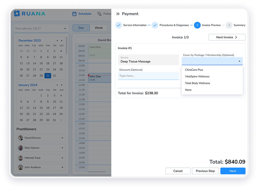 Ruana checkout screen showing patient payment with membership or package applied
