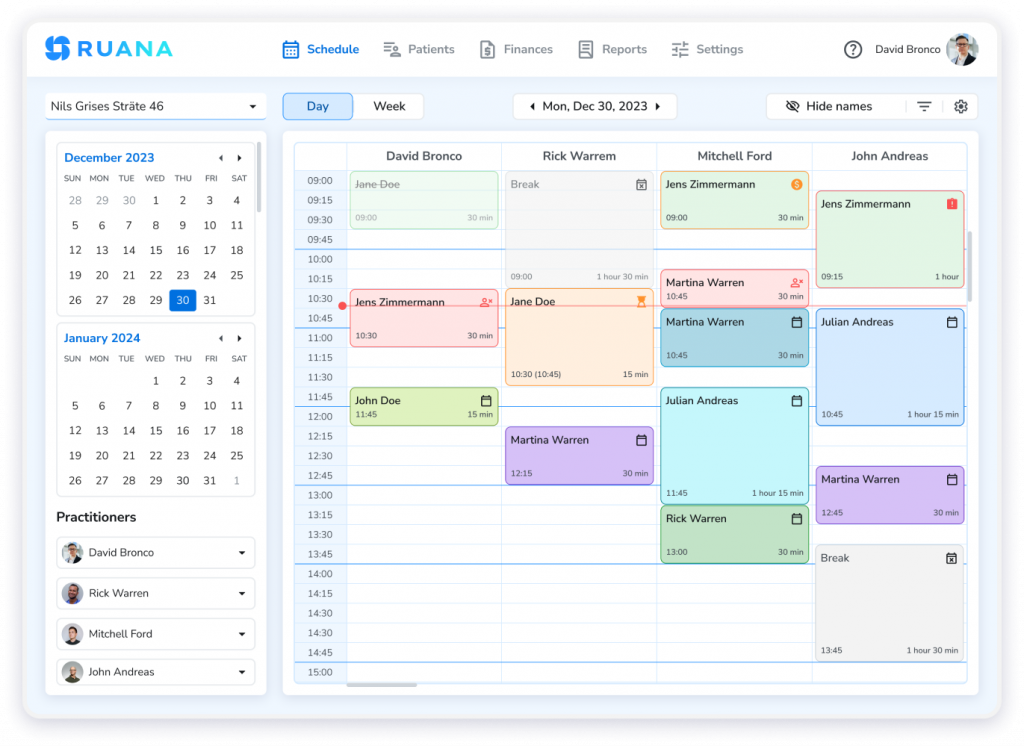 Ruana practice management software calendar scheduling dashboard