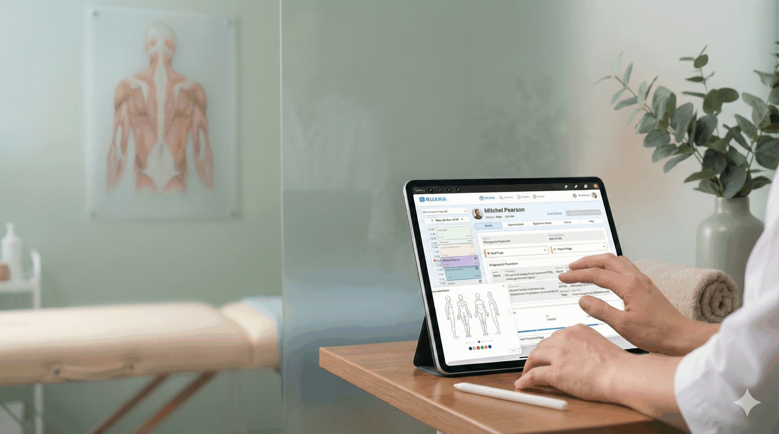 Massage therapist using Ruana practice management software on tablet to create digital SOAP notes in modern wellness clinic