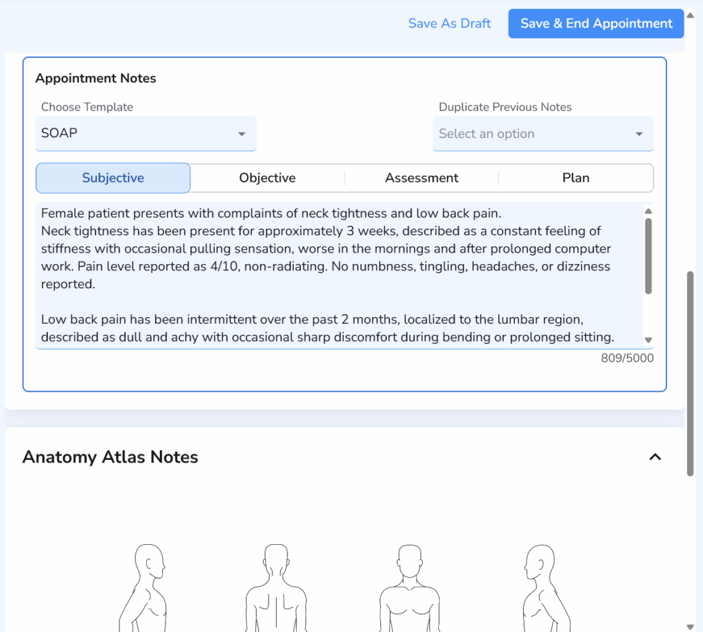 Standard SOAP Notes interface showing free-text Subjective documentation for patient complaints and visit notes.