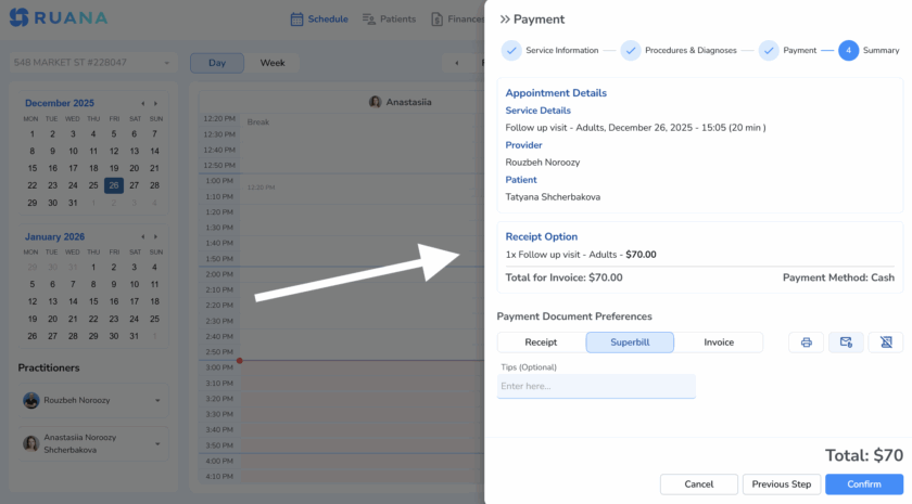 Payment checkout screen showing appointment details, provider, patient, receipt options, and payment summary before confirmation.
