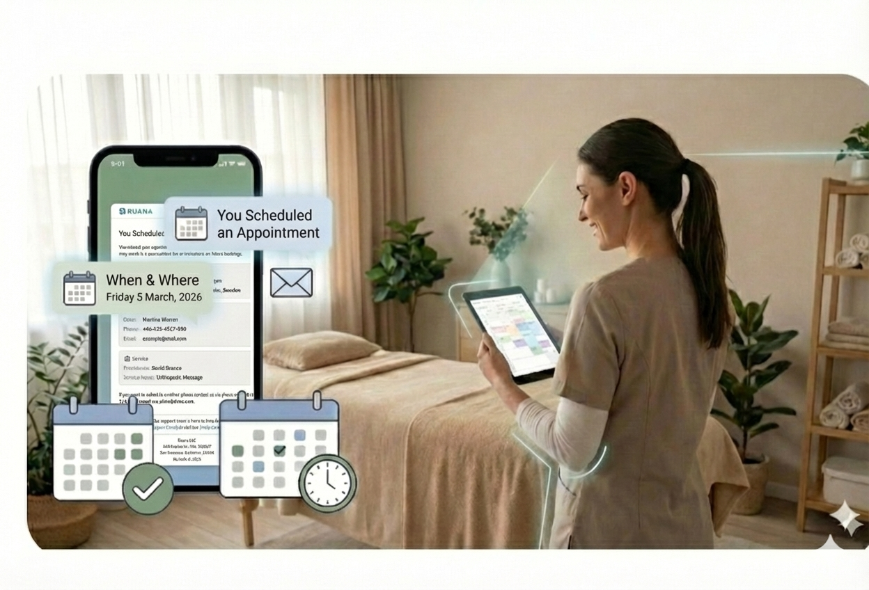 A female therapist in a spa treatment room holds a tablet, smiling as she looks toward a large virtual smartphone screen. The screen displays a "RUANA" app confirmation for a "Scheduled Appointment" for "Martina Warren" on "Friday 5 March, 2026," surrounded by floating calendar and email icons.