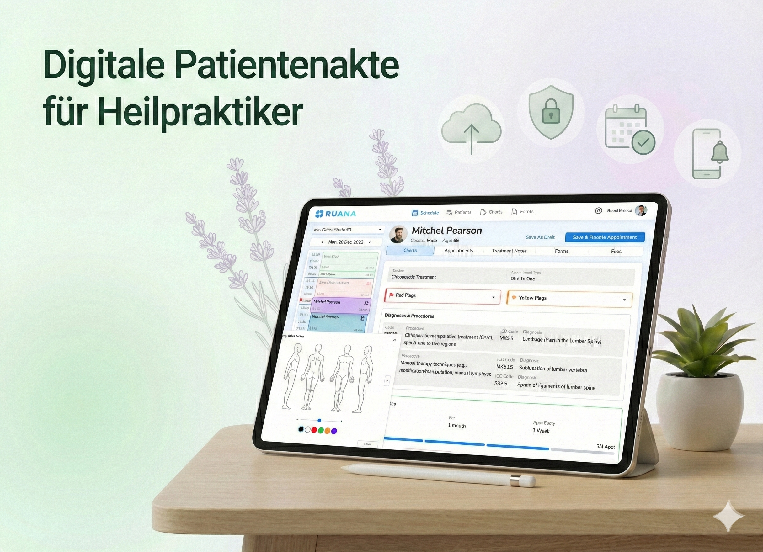 A tablet on a wooden desk shows the "RUANA" digital patient record system for "Mitchel Pearson" with a schedule and medical data. The title "Digitale Patientenakte für Heilpraktiker" and icons for cloud storage, security, calendar, and notifications are visible above and beside the tablet.