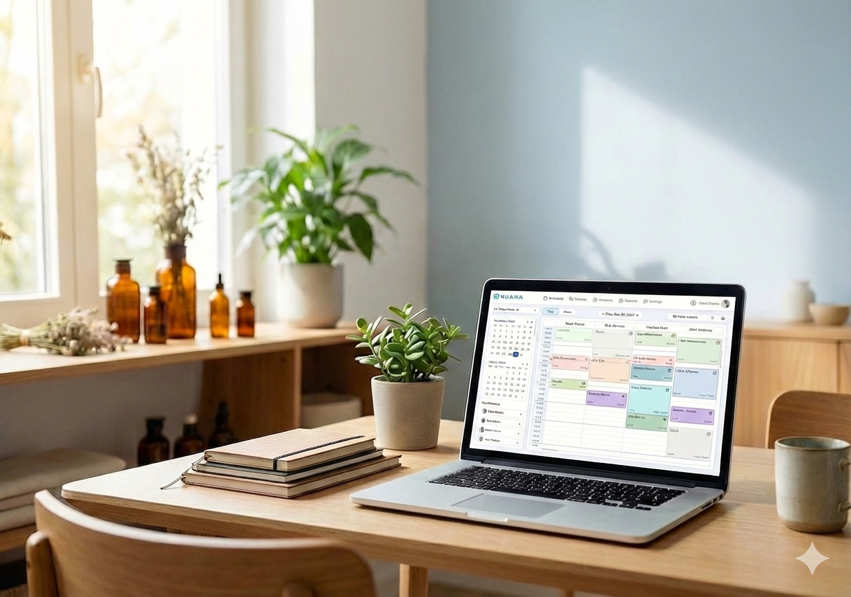 An open laptop on a wooden desk displays a "Praxismanagement" calendar screen with patient appointments. A stack of notebooks, a small potted succulent, and a ceramic mug are also on the desk. In the sunlit background, there is a window, a large potted plant, and a shelf with amber glass bottles.