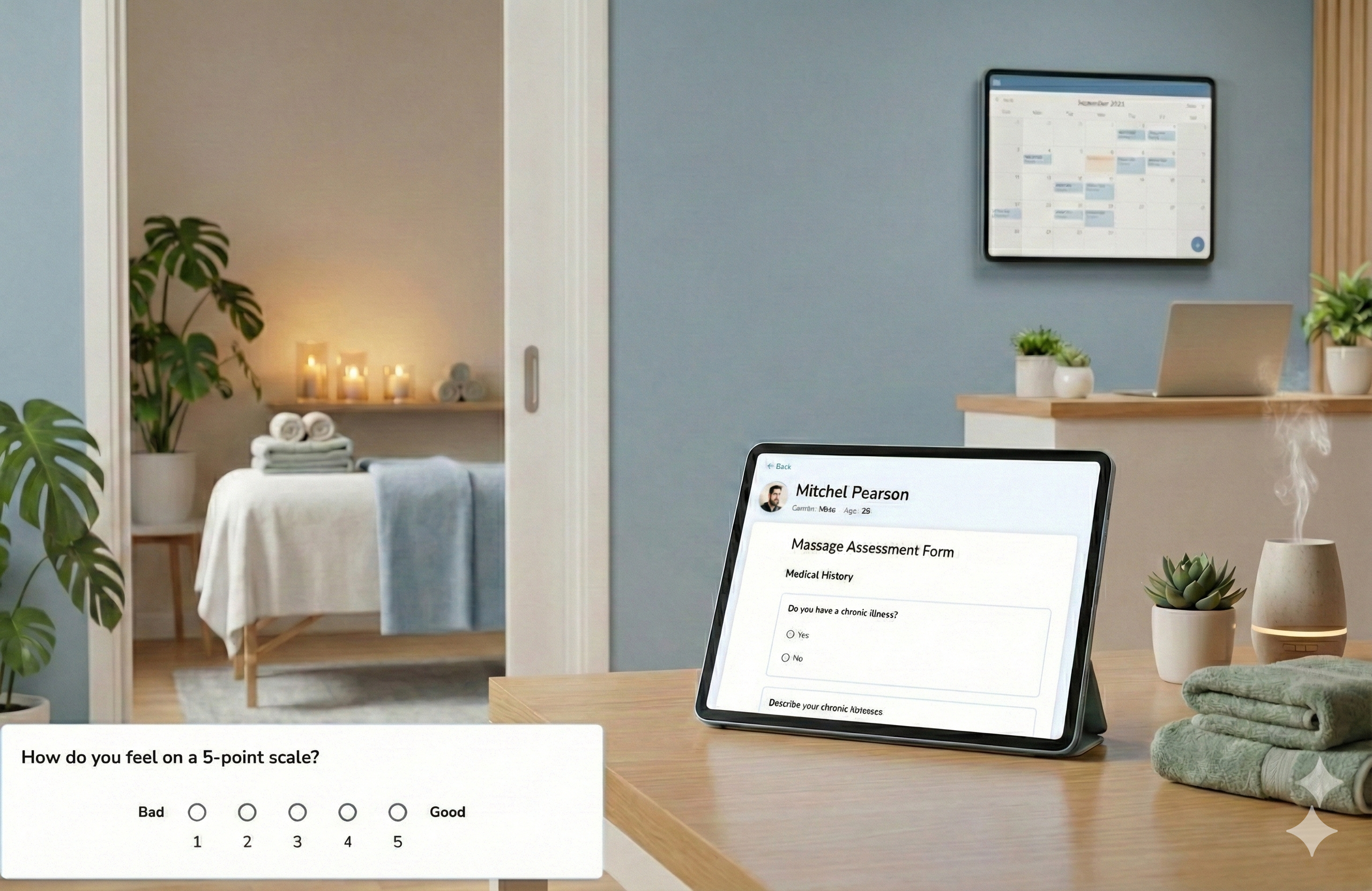 A massage therapy reception desk featuring a tablet displaying a digital intake form being signed with a stylus. Above it, a wall-mounted tablet shows a detailed, color-coded appointment calendar. A treatment room with a massage table is visible in the background.