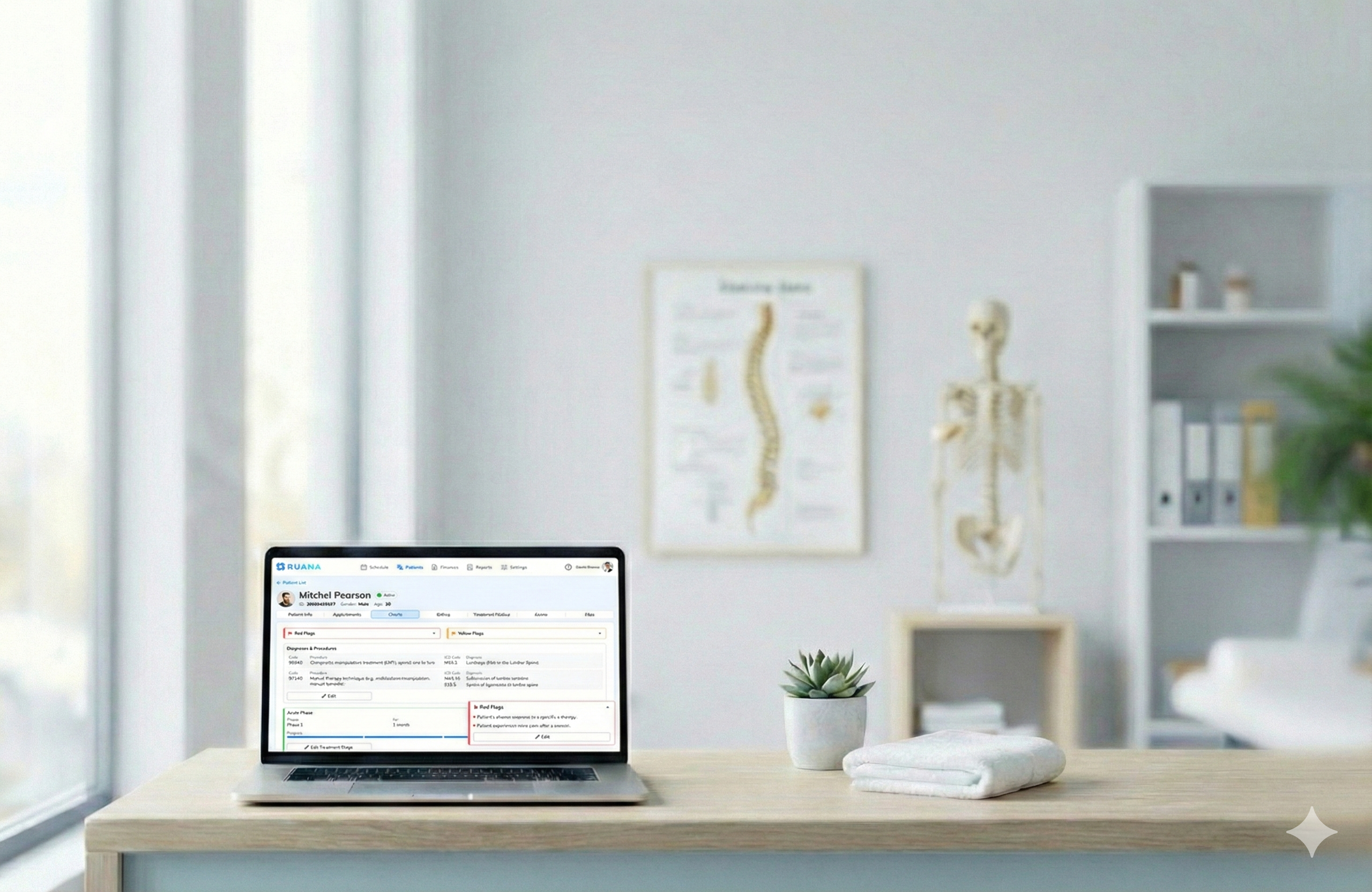 A laptop sitting on a wooden desk in a physical therapy clinic, displaying the RUANA patient management software interface showing the chart and diagnoses for patient Mitchel Pearson. In the background, there is a framed spine poster, a human skeleton model, a potted succulent, and a white towel.