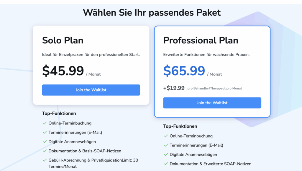 A pricing table titled "Wählen Sie Ihr passendes Paket" showing two plans: "Solo Plan" for $45.99/month and "Professional Plan" for $65.99/month, with a list of features for each.