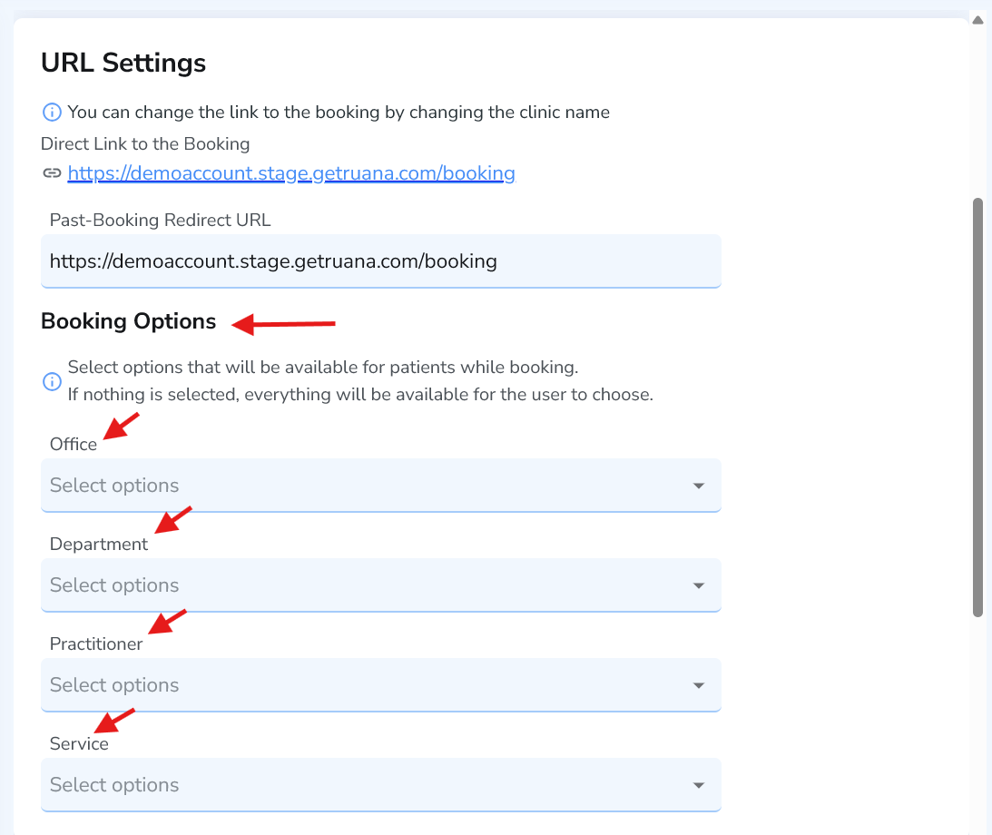 Booking Options dropdowns for office, department, practitioner, and service