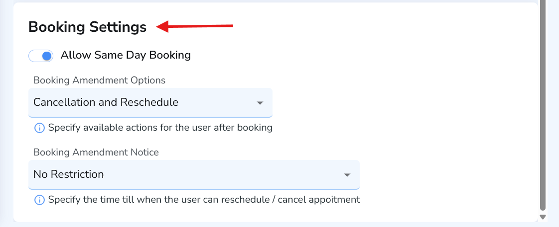 Booking Settings showing same day booking and cancellation/reschedule options
