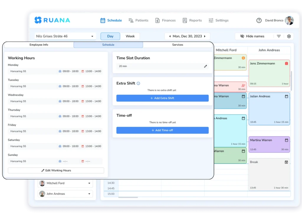 A digital dashboard in Ruana showing a practitioner's weekly "Working Hours" at the Hansaring 55 office, with modules for setting "Time Slot Duration," "Extra Shifts," and "Time-off."