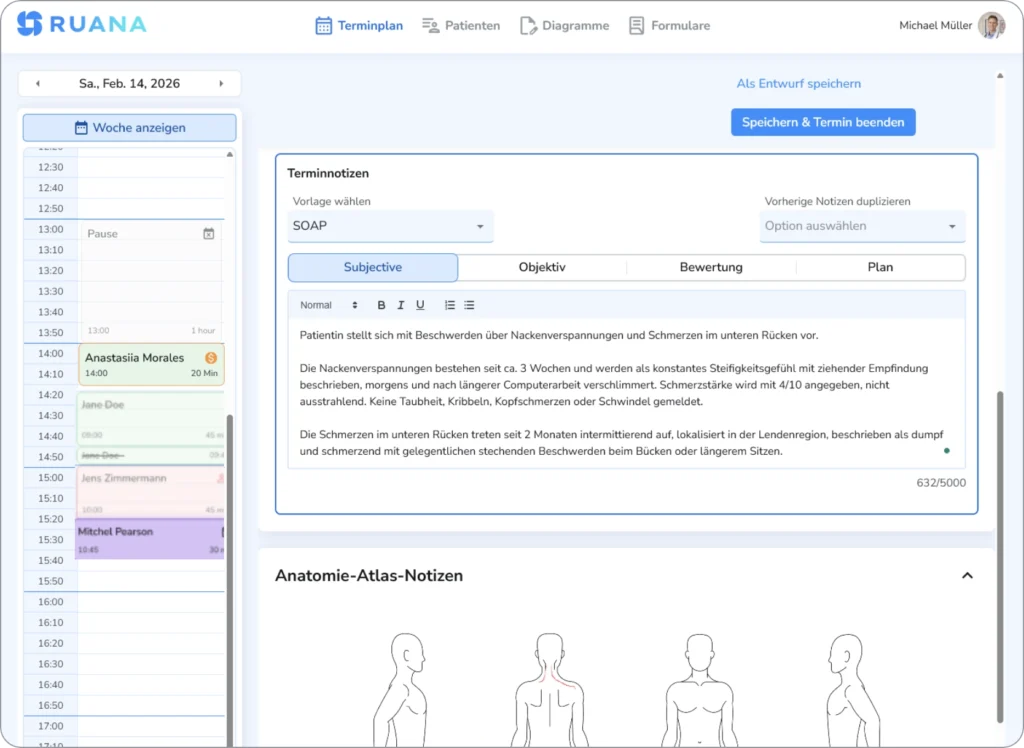 Screenshot der RUANA-Software mit einer SOAP-Dokumentation für Anastasiia Morales. Der Text beschreibt Nacken- und Rückenschmerzen, während darunter der Anatomie-Atlas mit roten Markierungen im Nackenbereich zu sehen ist.