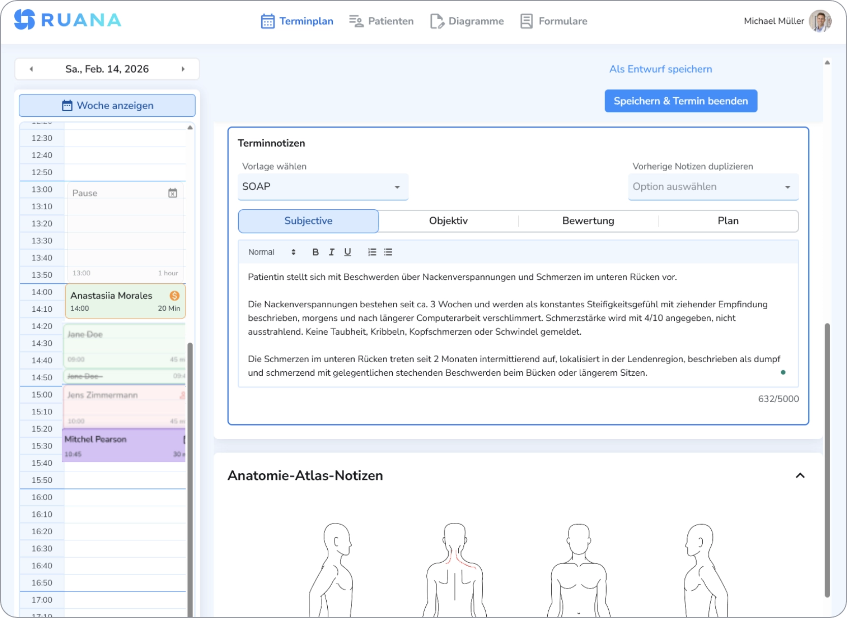 Screenshot der RUANA-Software mit einer SOAP-Dokumentation für Anastasiia Morales. Der Text beschreibt Nacken- und Rückenschmerzen, während darunter der Anatomie-Atlas mit roten Markierungen im Nackenbereich zu sehen ist.
