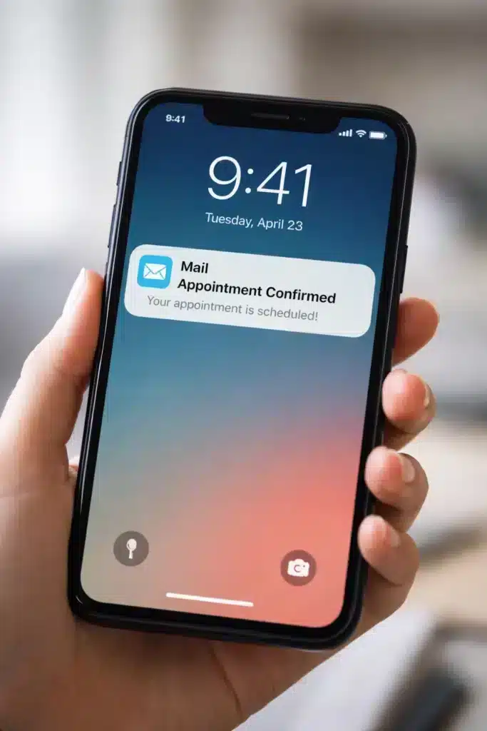 A close-up of a smartphone screen showing a push notification from "Mail" with the subject "Appointment Confirmed" and the message "Your appointment is scheduled!"