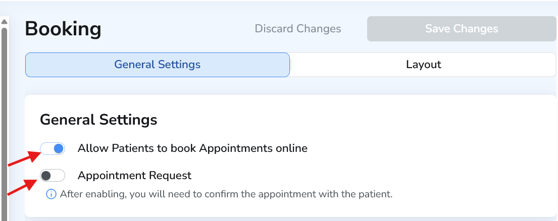 General Settings toggles for enabling booking and appointment requests