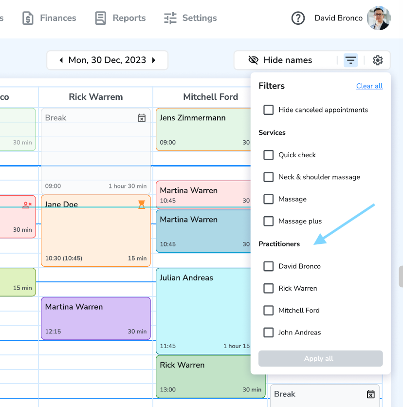 Practitioner filter on calendar