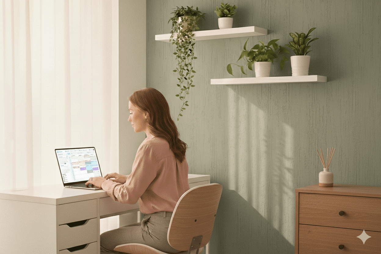 A practitioner in a modern, sunlit office sitting at a white desk and working on a laptop. The laptop screen displays the RUANA digital scheduling dashboard with a color-coded calendar. The room features sage green walls, minimalist wooden furniture, and several indoor plants on white floating shelves.