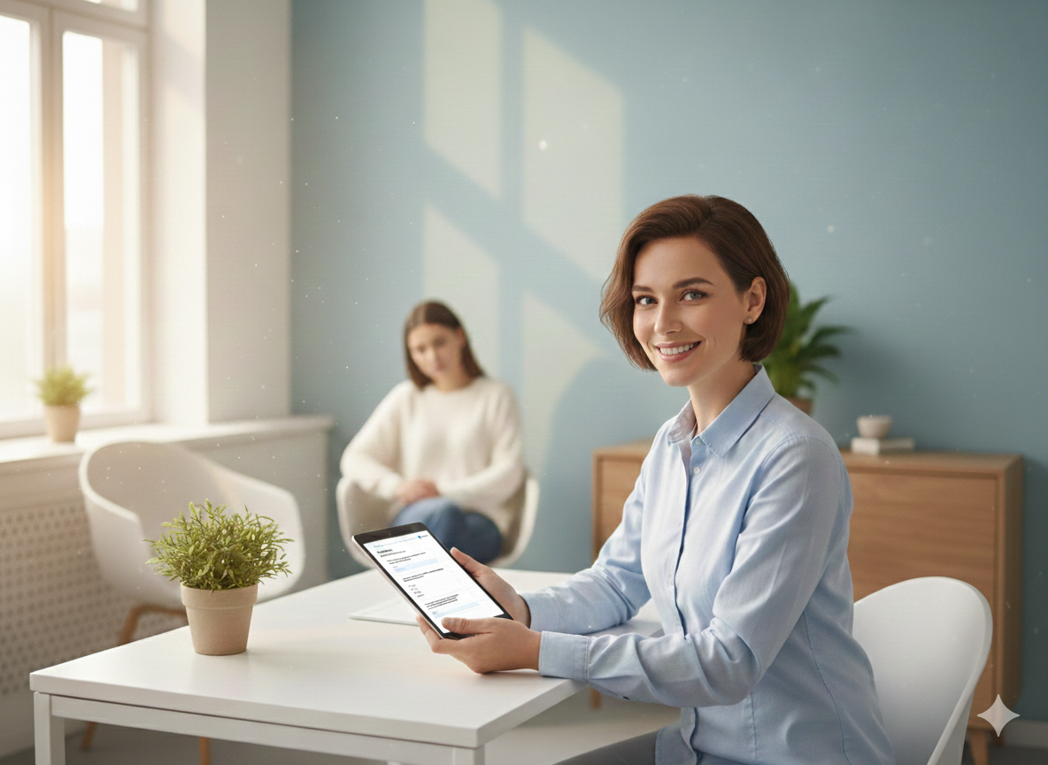 A friendly practitioner smiling at a bright desk, holding a tablet displaying a digital RUANA intake form. In the background, a calm, minimalist waiting area with a patient is visible in soft natural light.