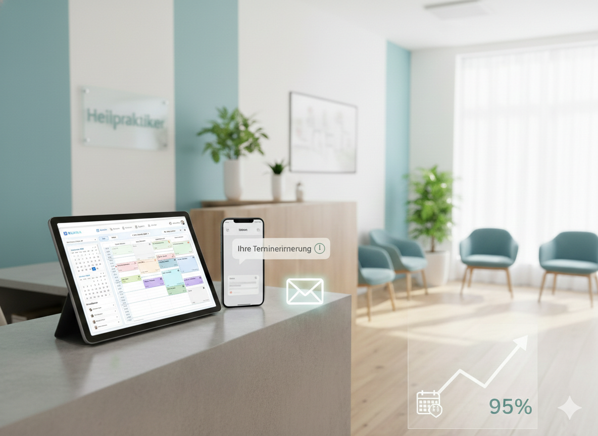 A bright, modern German medical reception area featuring an iPad displaying a colorful digital appointment calendar, a smartphone with a "Terminerinnerung" (appointment reminder) notification, and a graphic showing a 95% success rate with an upward-trending arrow.