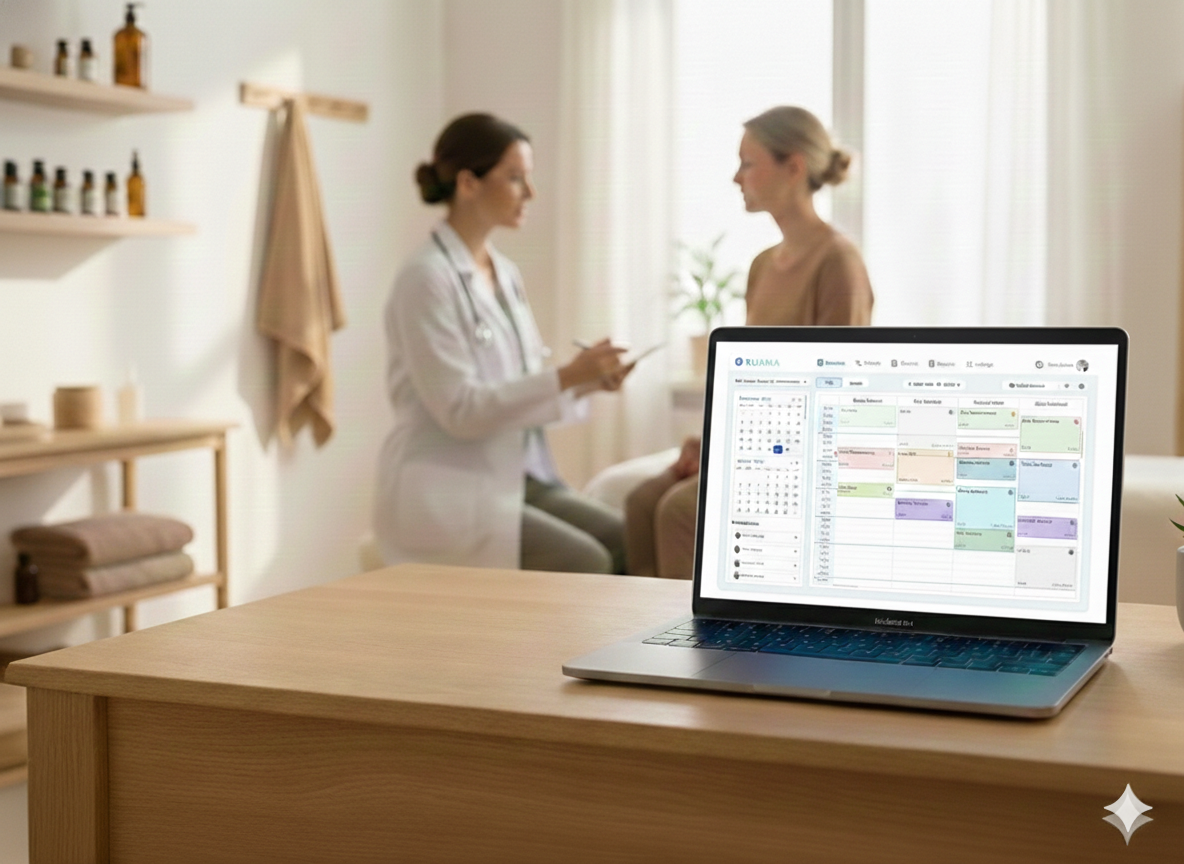 A laptop on a wooden desk in the foreground displays the Ruana digital schedule interface. In the blurred background, a female doctor in a white coat talks to a patient in a bright, modern wellness clinic.