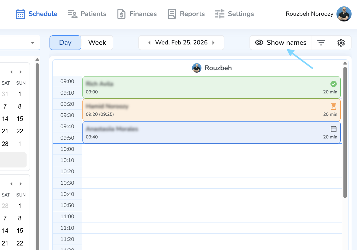 Privacy toggle for hiding client names