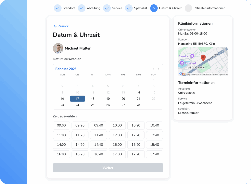Ruana Online-Terminbuchung – Kalenderansicht zur Auswahl von Datum und Uhrzeit beim Spezialisten