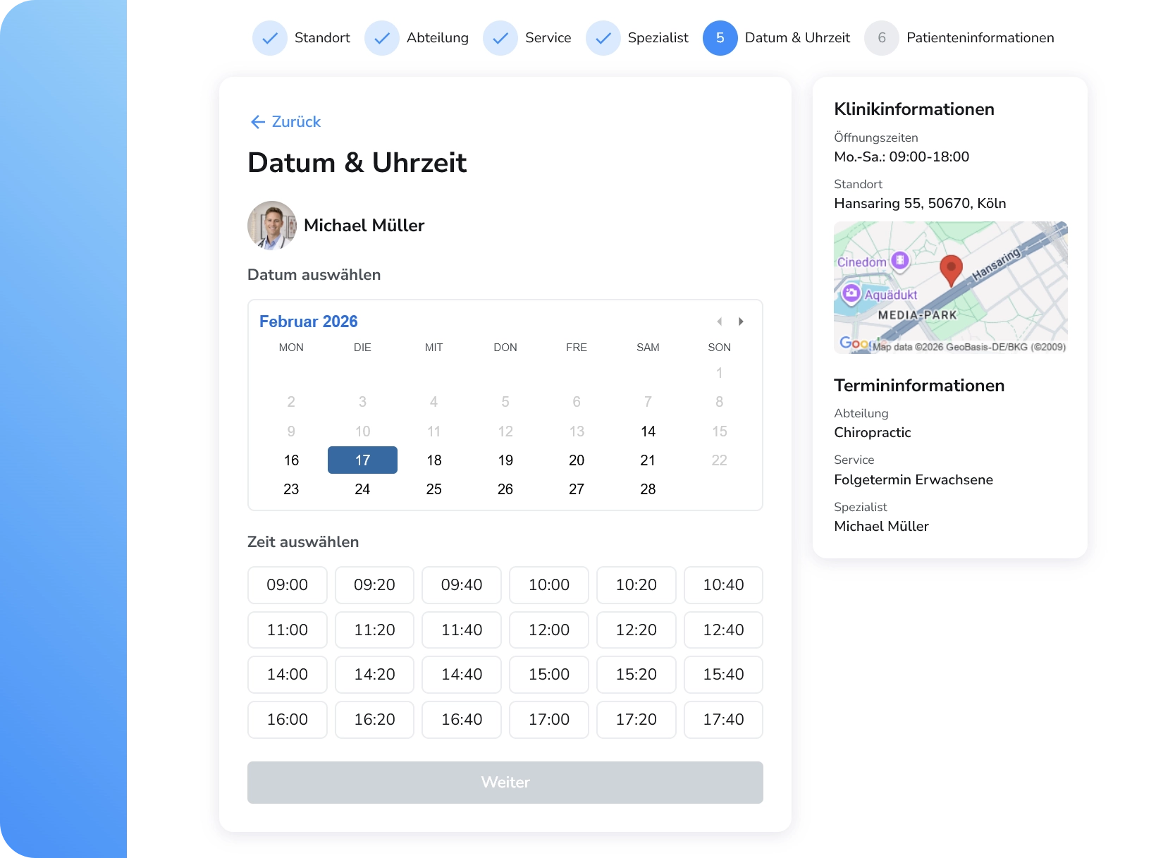 Ruana Online-Terminbuchung – Kalenderansicht zur Auswahl von Datum und Uhrzeit beim Spezialisten