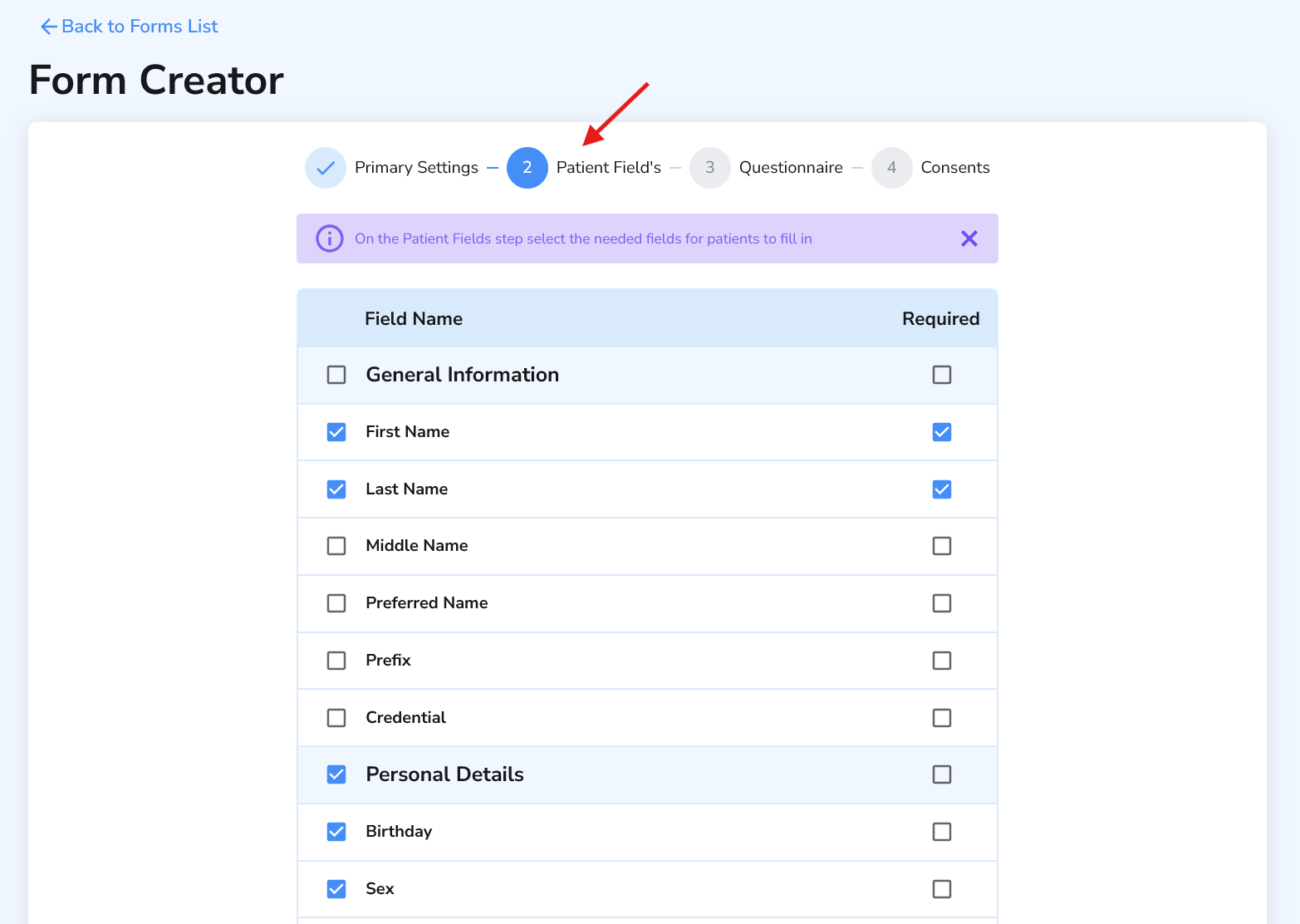 Form Creator patient fields step with checkboxes and required options