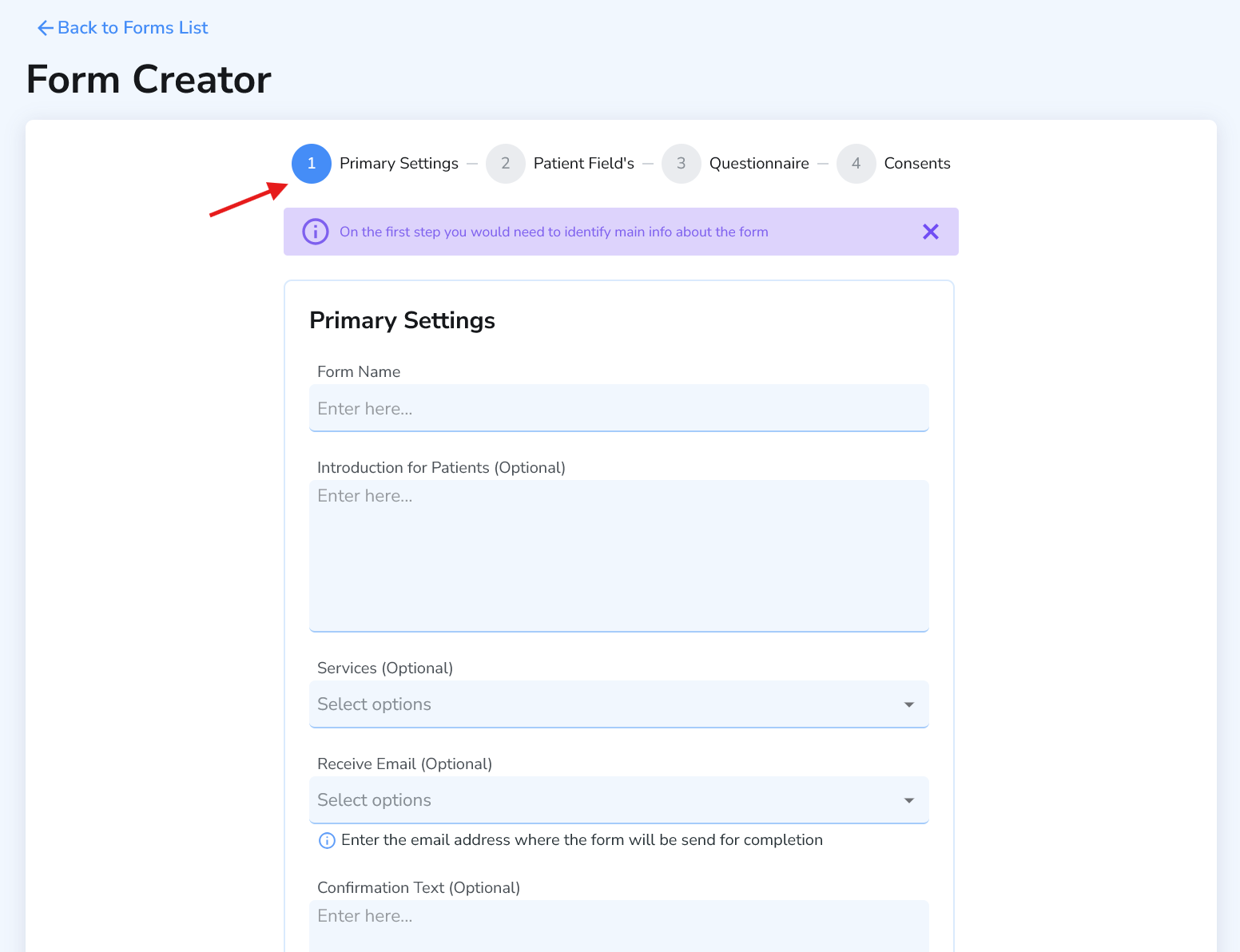 Form Creator primary settings step in Ruana