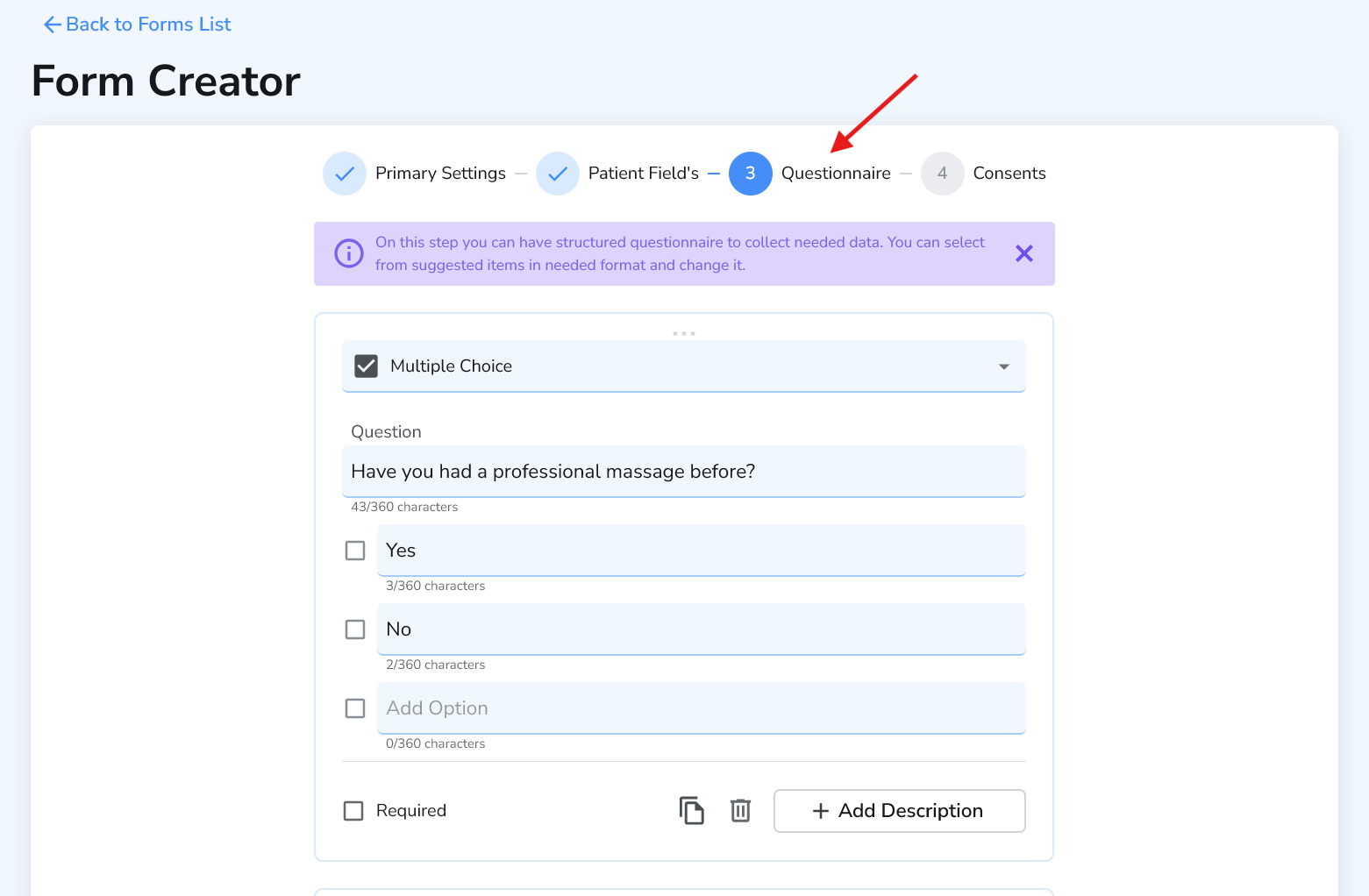 Questionnaire step showing a question with options and required toggle