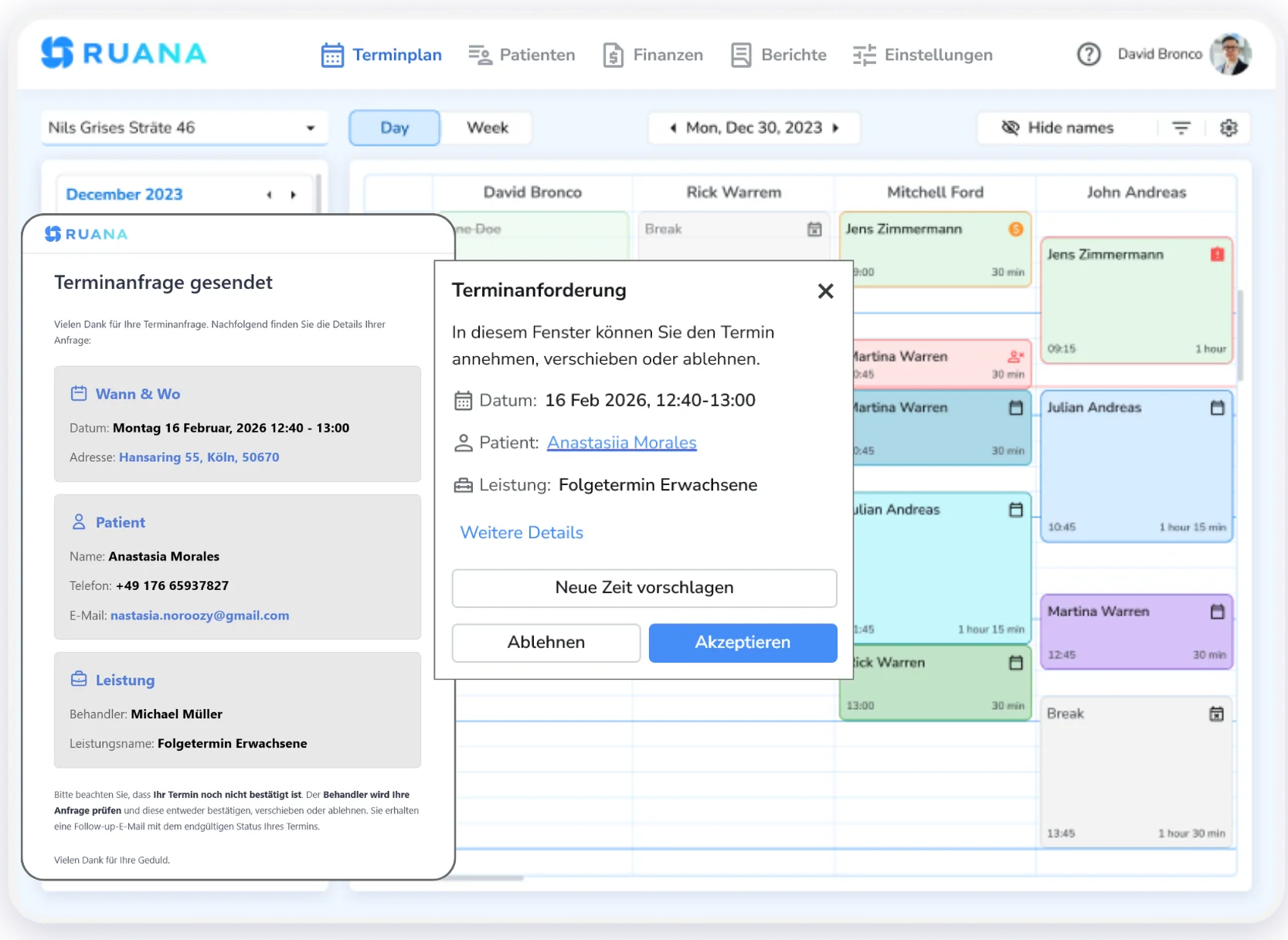 Screenshot der RUANA-Software mit zwei Overlay-Fenstern: Eines zeigt eine gesendete Terminanfrage für Anastasiia Morales, das andere ein Dialogfenster für den Behandler zum Akzeptieren, Ablehnen oder Verschieben des Termins.