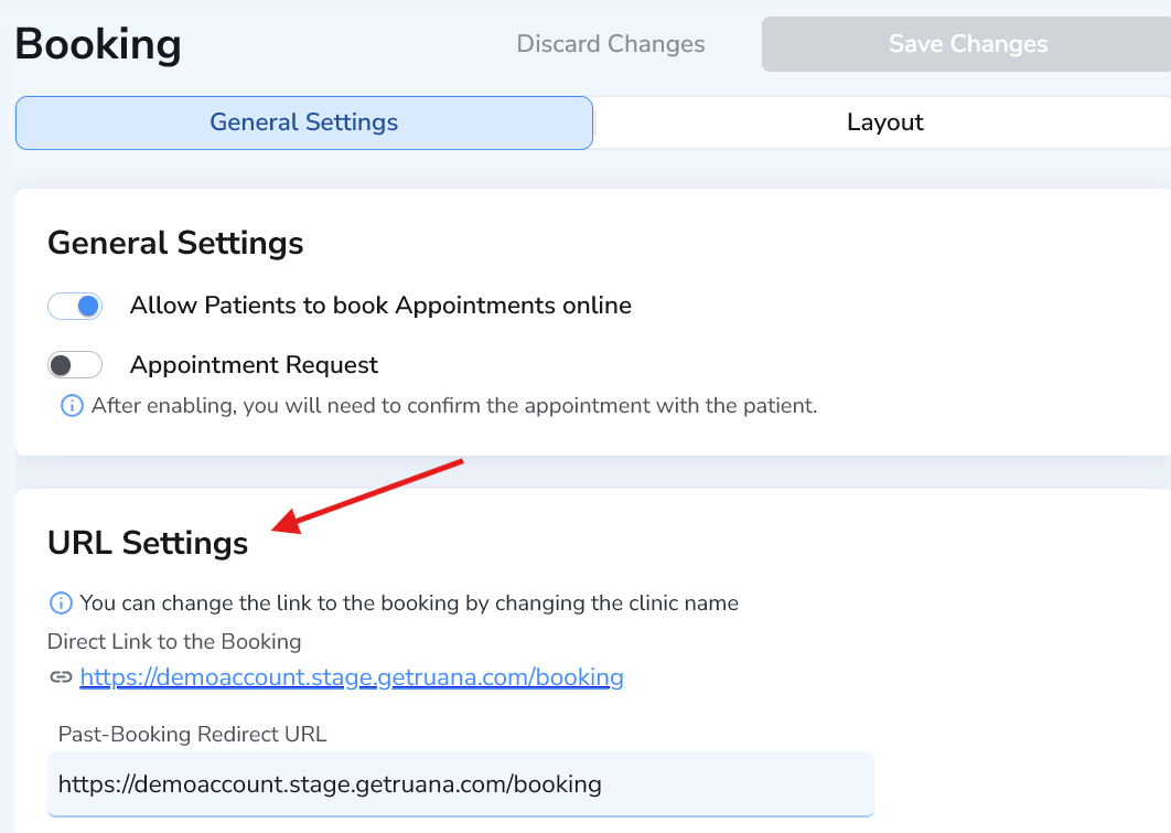 URL Settings showing Direct Link to Booking and Past-Booking Redirect URL