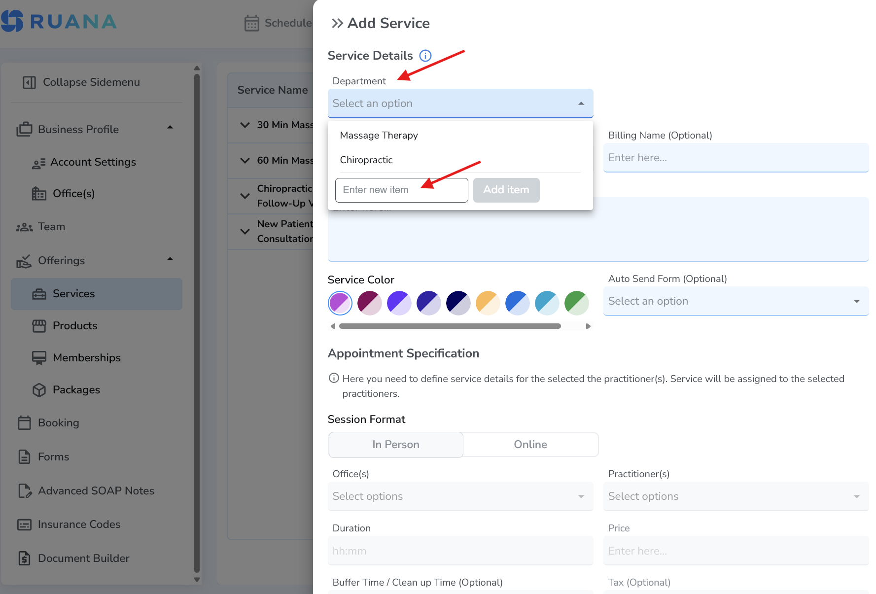 Creating a new department inside the department dropdown