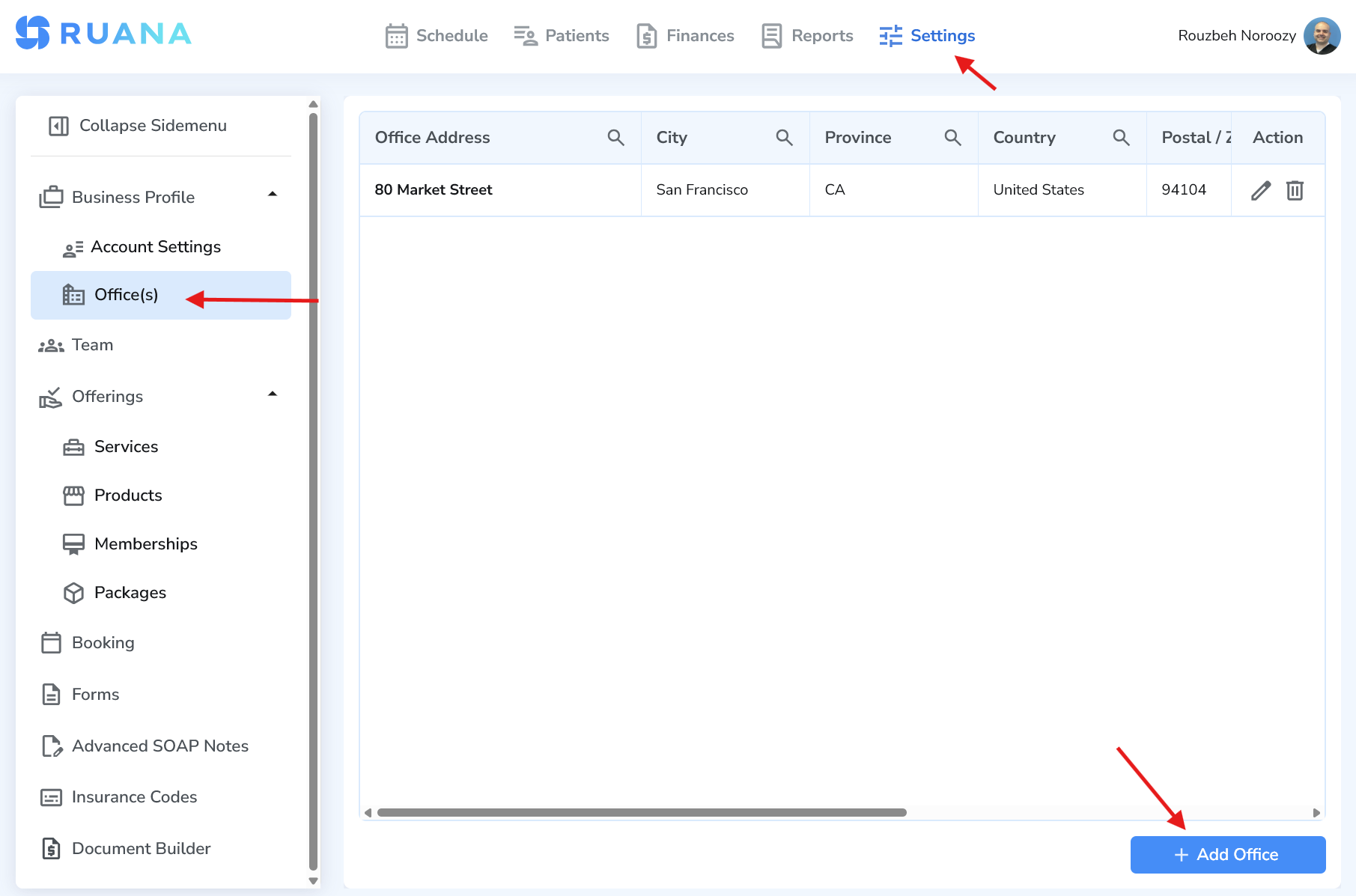Office(s) page in Ruana with Add Office button highlighted