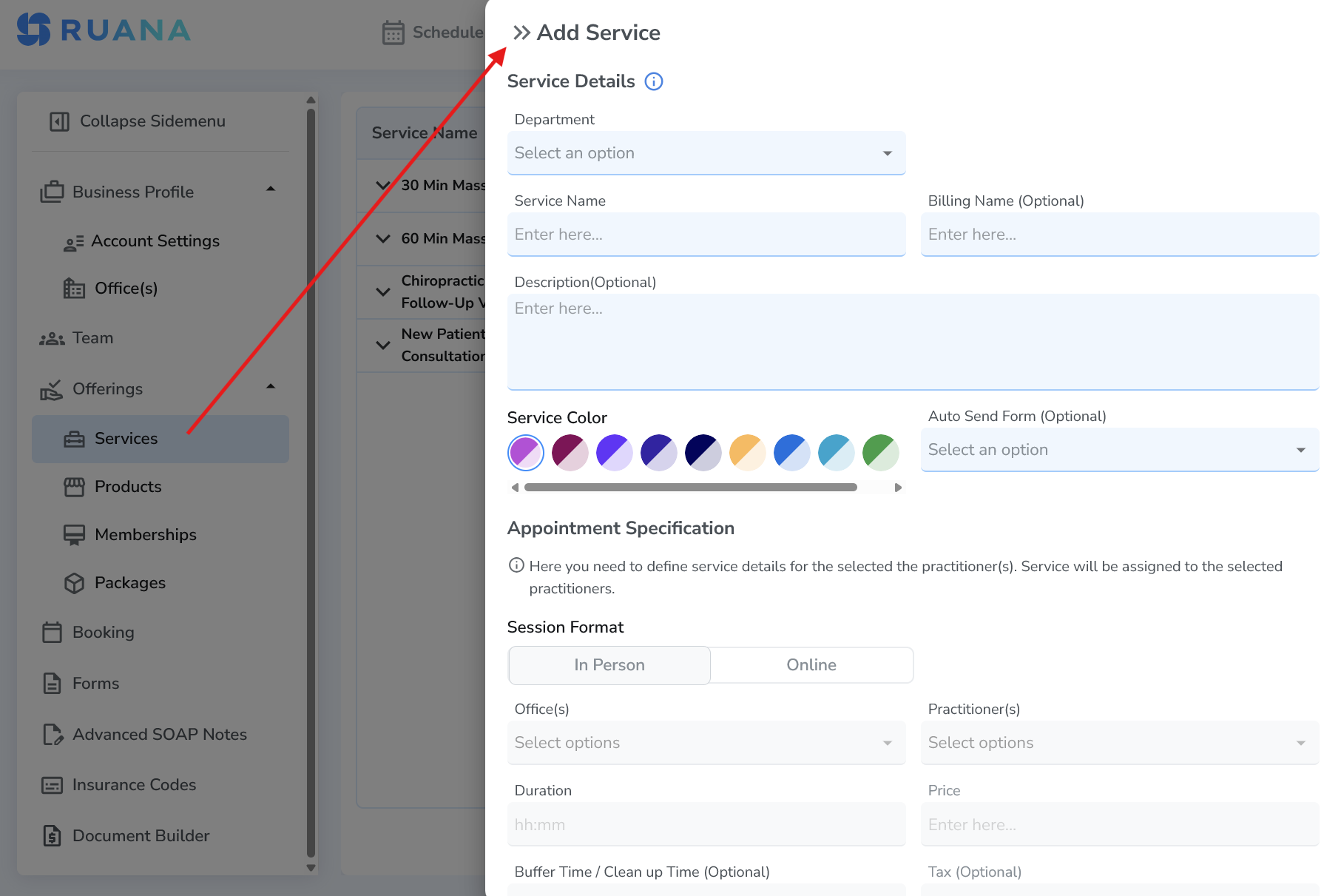 Add Service screen in Ruana