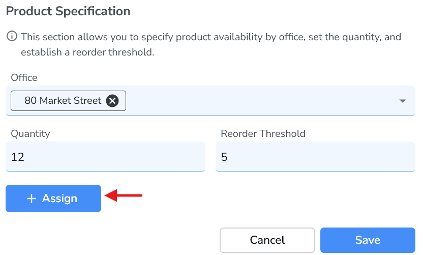 Product specification and assignment section in Ruana