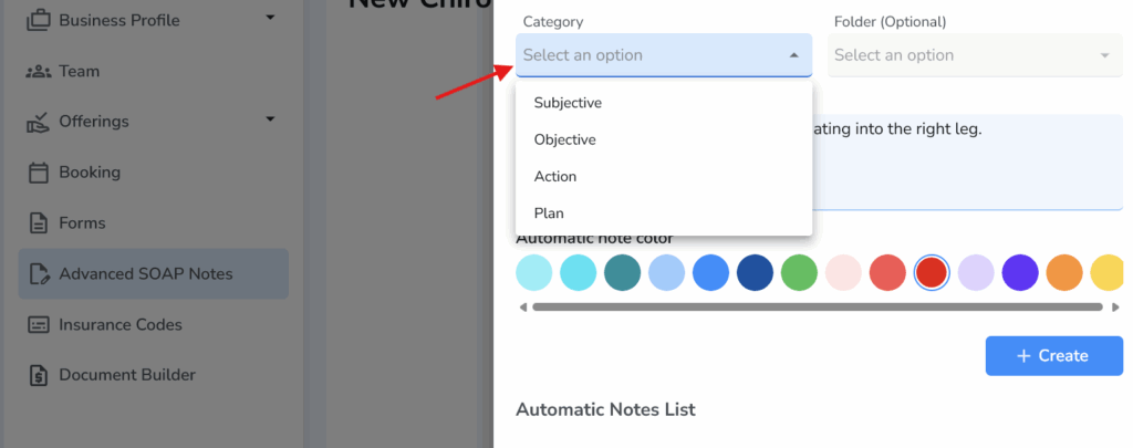 A close-up screenshot of the "Category" dropdown menu within the "Create Automatic Notes" panel in Ruana. The menu is open, displaying four options: Subjective, Objective, Action, and Plan. A red arrow points directly to the selection menu.
