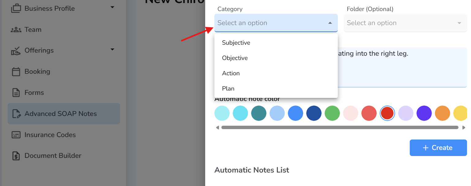 Automatic note category dropdown showing Subjective, Objective, Action, Plan