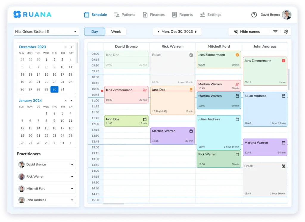 Ruana practice management software daily calendar schedule