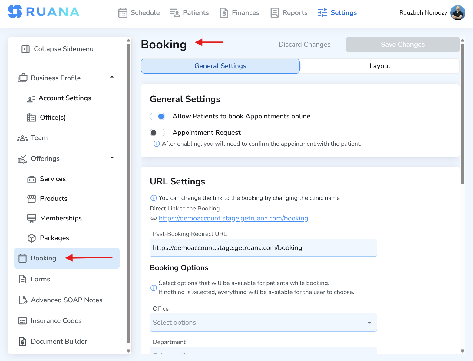 Booking Settings page in Ruana (General Settings tab)