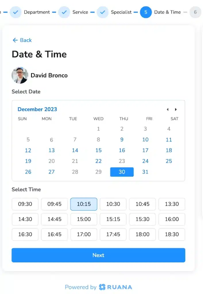 A clean digital booking interface in Ruana showing a calendar for December 2023 and a grid of available time slots like 09:30, 10:15, and 14:30.