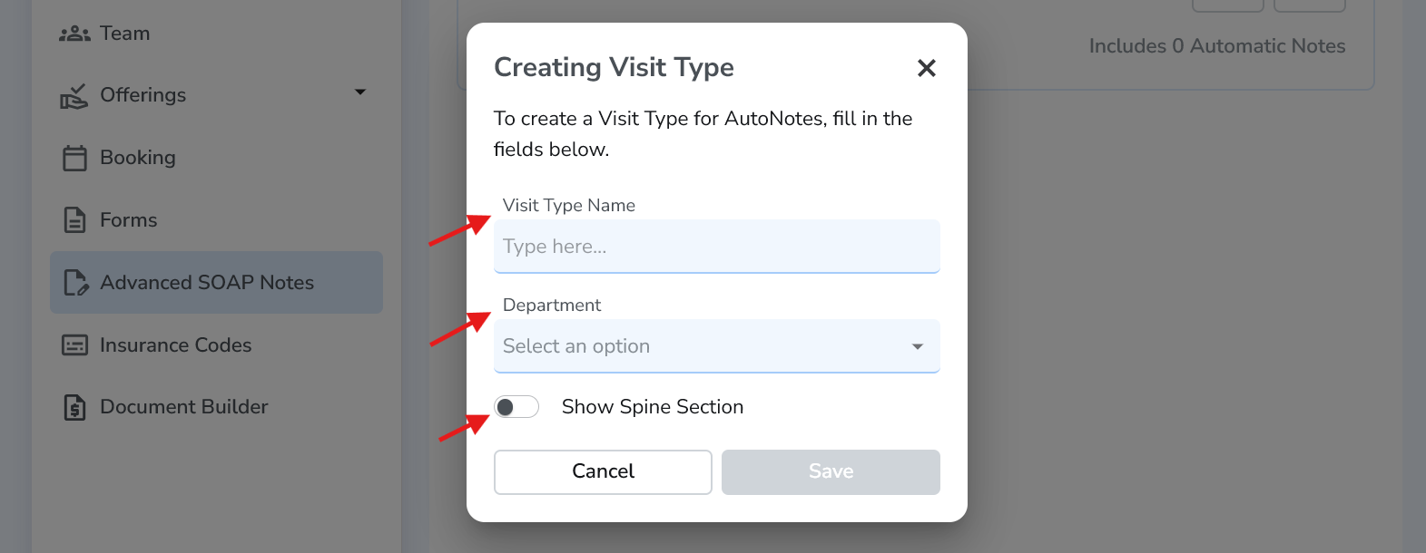 Create visit type modal in Advanced SOAP Notes