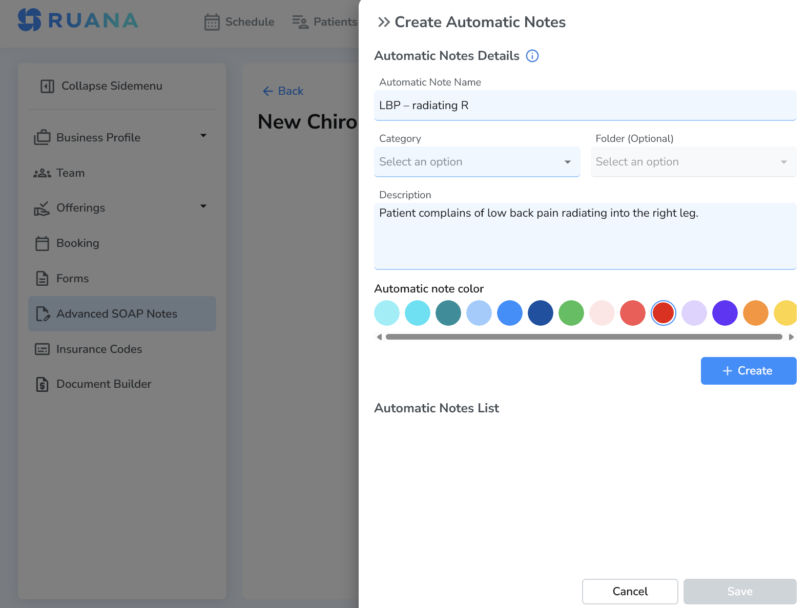 Create Automatic Note screen in Ruana