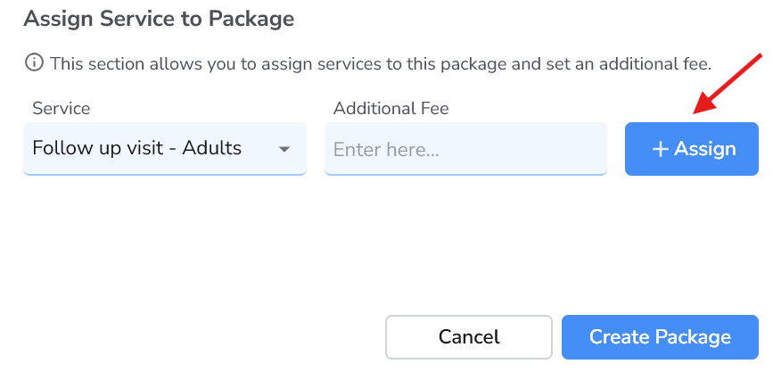 Assign Service to Package section in Ruana