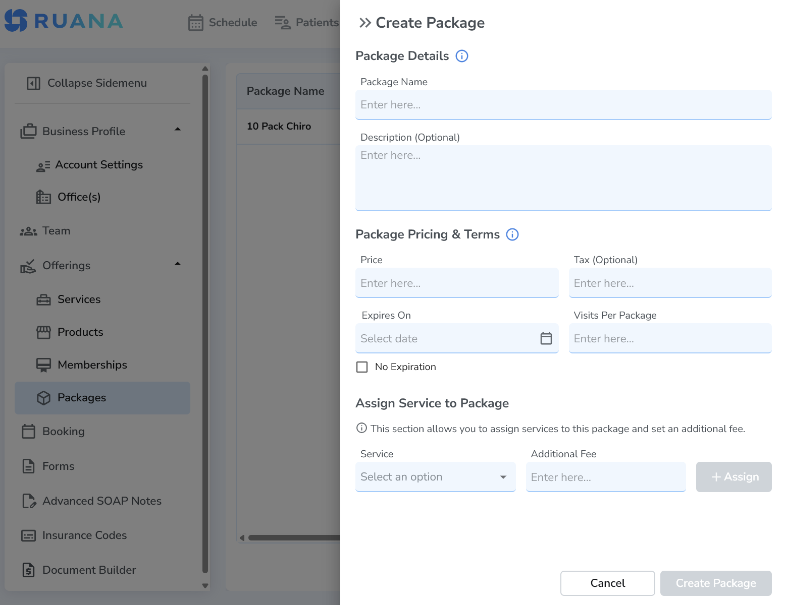 Create Package screen in Ruana