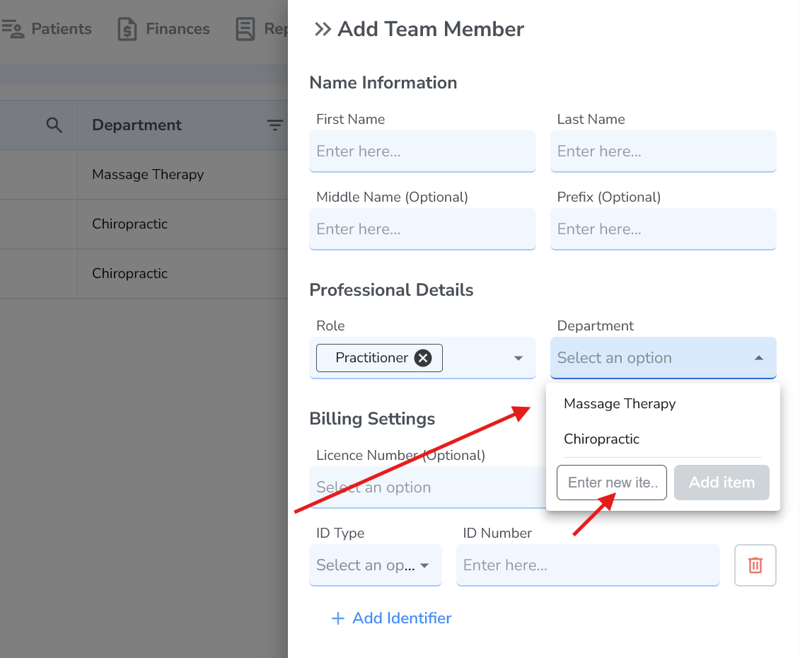 Department dropdown in Ruana showing Enter new item and Add item