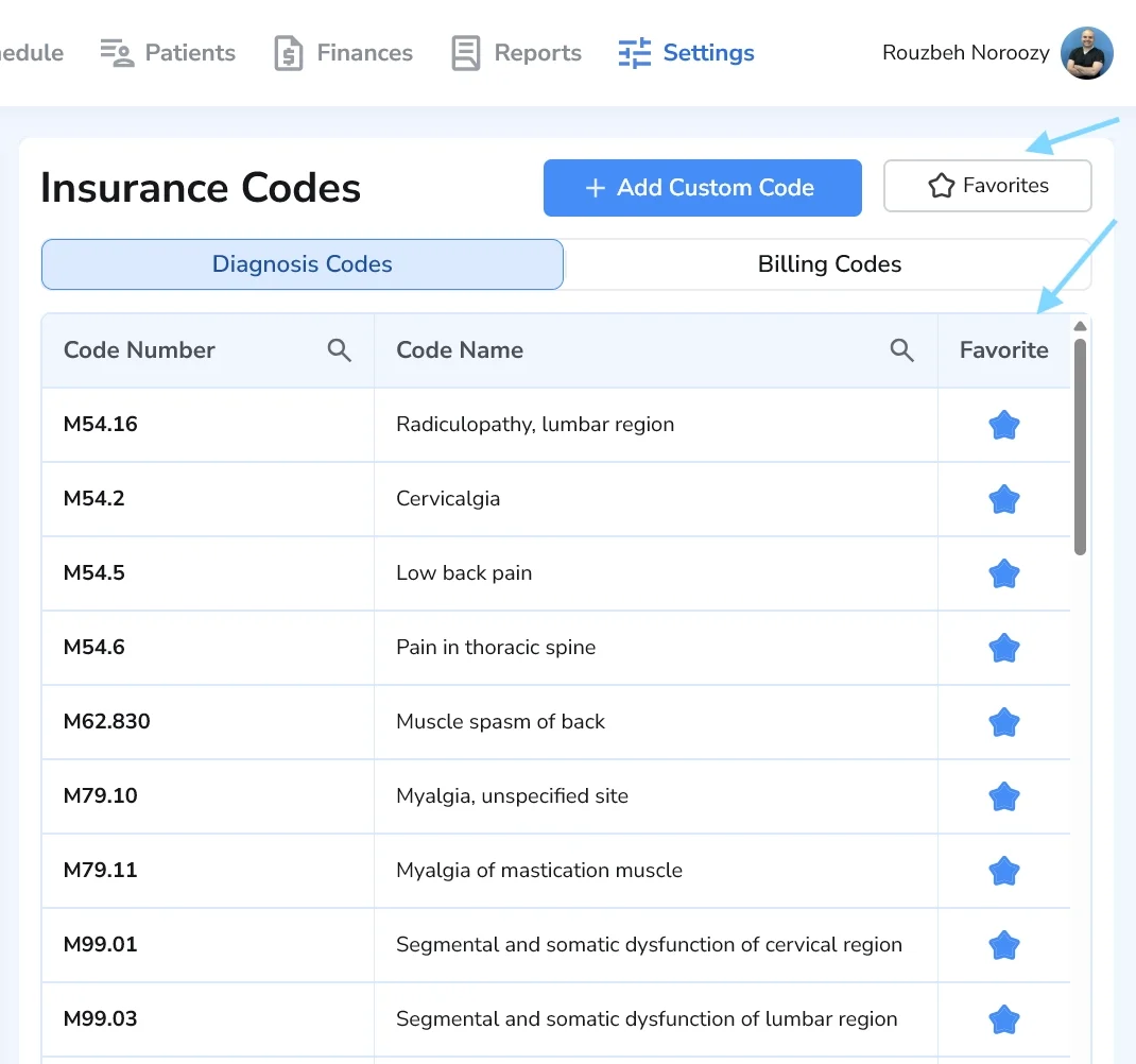 Favorite billing codes for quick access