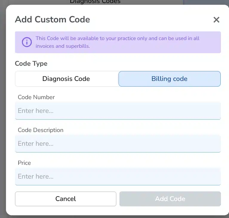 Add Custom Code modal with Billing code selected and fields for code number, description, price